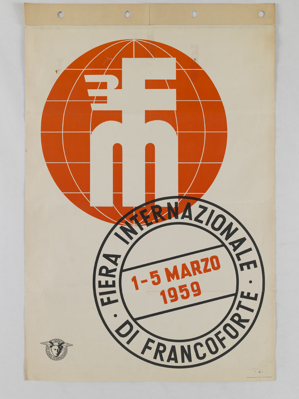 lettere M F intrecciate si stagliano contro un globo terrestre (manifesto) - ambito tedesco (sec. XX)