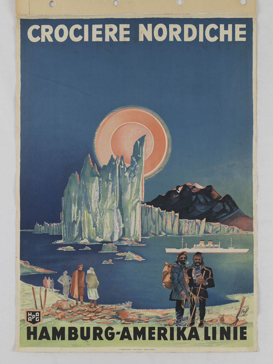 persone osservano un fiordo solcato da un transatlantico (manifesto) di Fuss (Fuß) Albert (sec. XX)