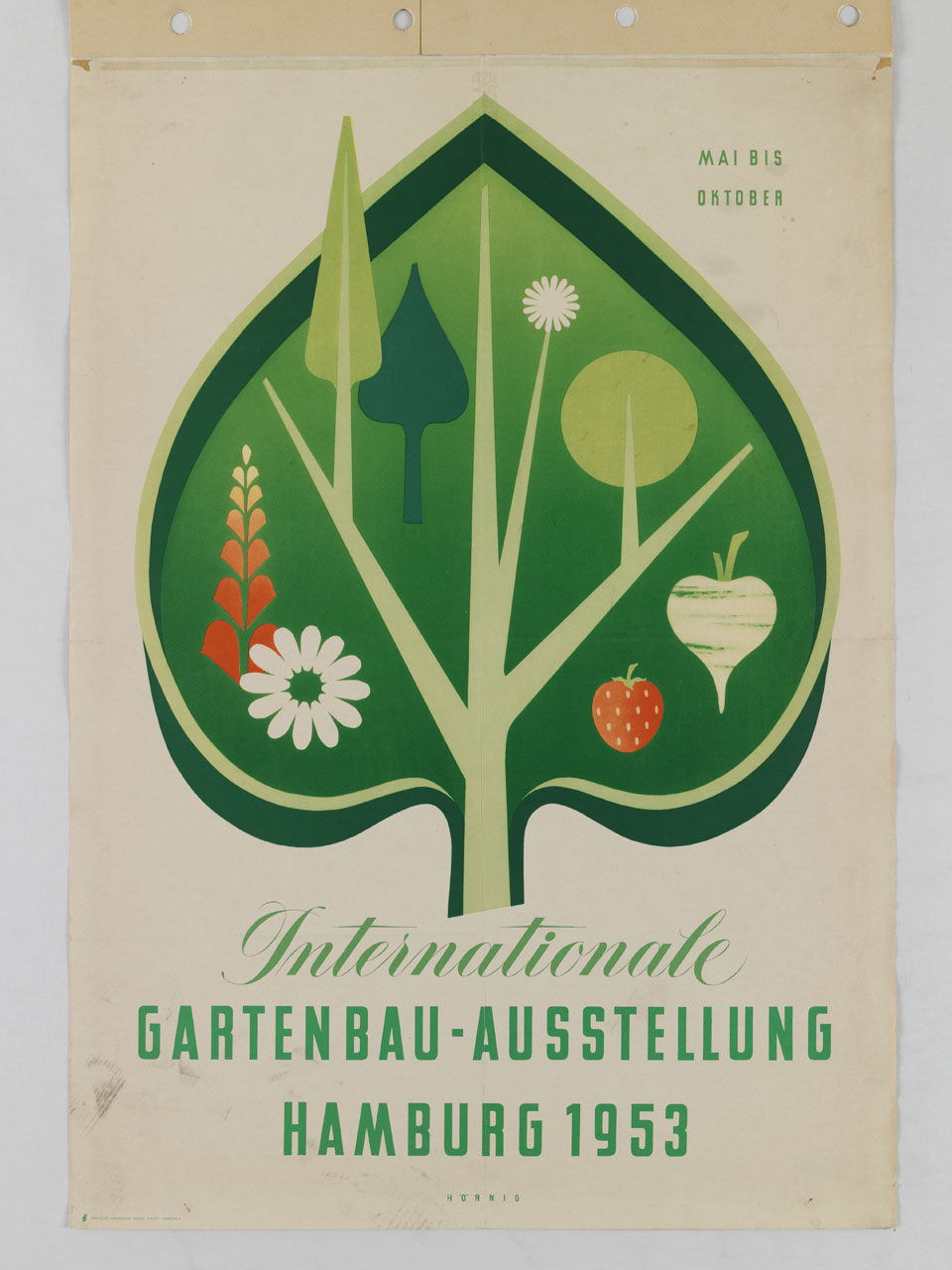 albero stilizzato con all’interno della chioma fiori, fragola, rapa e foglie (manifesto) di Hörnig - ambito tedesco (sec. XX)