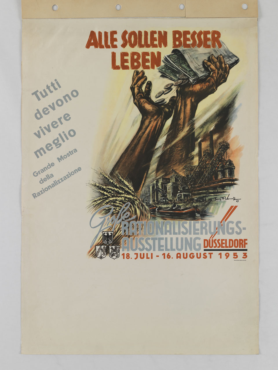grandi mani maschili che reggono denaro si stagliano vicino a scialuppe, barche, fabbriche con ciminiere e fascio di grano (manifesto) di Lanz Hans B - ambito tedesco (sec. XX)