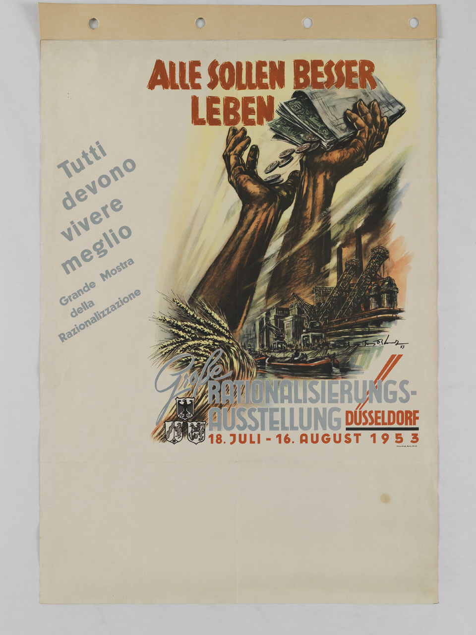 grandi mani maschili che reggono denaro si stagliano vicino a scialuppe, barche, fabbriche con ciminiere e fascio di grano (manifesto) di Lanz Hans B - ambito tedesco (sec. XX)