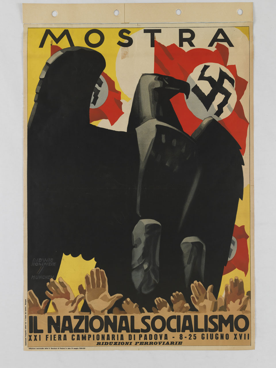 aquila nera ad ali spiegate si staglia contro bandiere rosse con svastiche sopra una serie di mani alzate (manifesto) di Hohlwein Ludwig (sec. XX)