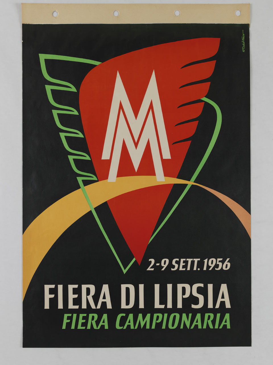 due lettere M intrecciate si stagliano contro due ali sovrapposte (manifesto) di Tschörtner Hellmuth (sec. XX)