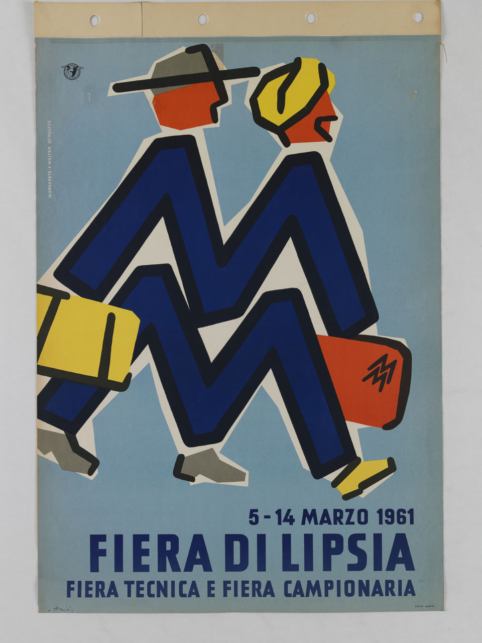 due uomini con cappello e turbante camminano portando una valigia e dando origine a due lettere M intrecciate (manifesto) di Schultze Margarete, Schultze Walter (sec. XX)