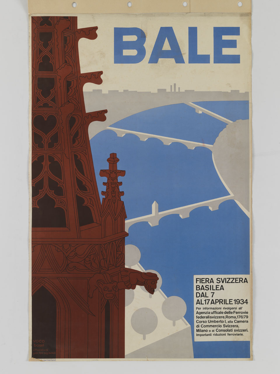 veduta del campanile della cattedrale di Basilea e del fiume con successione di ponti (manifesto) - ambito svizzero (sec. XX)