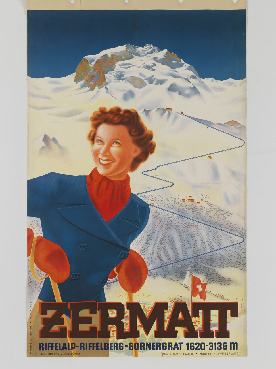 donna con gli sci si staglia su una veduta di Zermatt e delle piste da sci (manifesto) - ambito svizzero (sec. XX)