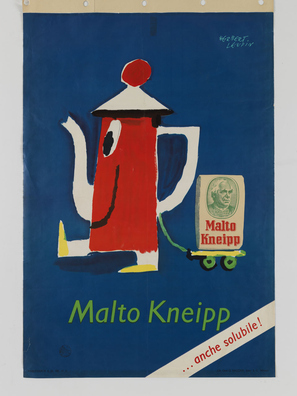 caffettiera cammina trascinando su un carrello una confezione di Malto Kneipp (manifesto) di Leupin Herbert (sec. XX)