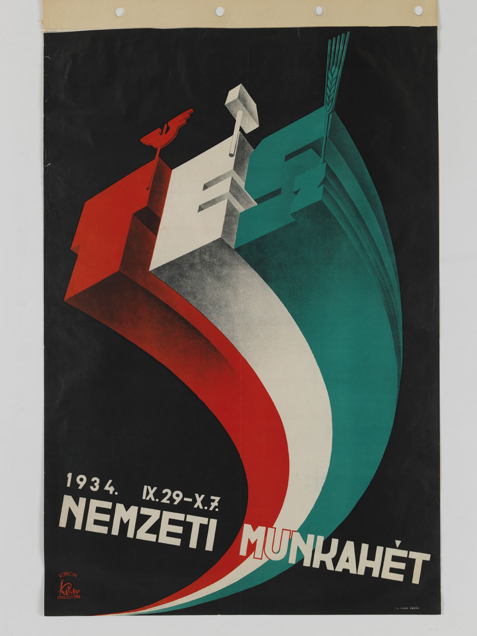 lettere tridimensionali T E Sz accompagnate da ali spiegate, martello e spiga di grano formano la bandiera ungherese (manifesto) di Konecsni György (sec. XX)