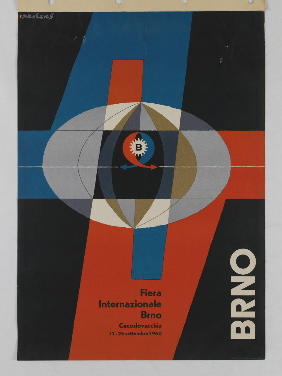 lettera B racchiusa all’interno di una ruota dentata avvolta da motivi geometrici di vari colori (manifesto) di Prazsky Adolf (sec. XX)