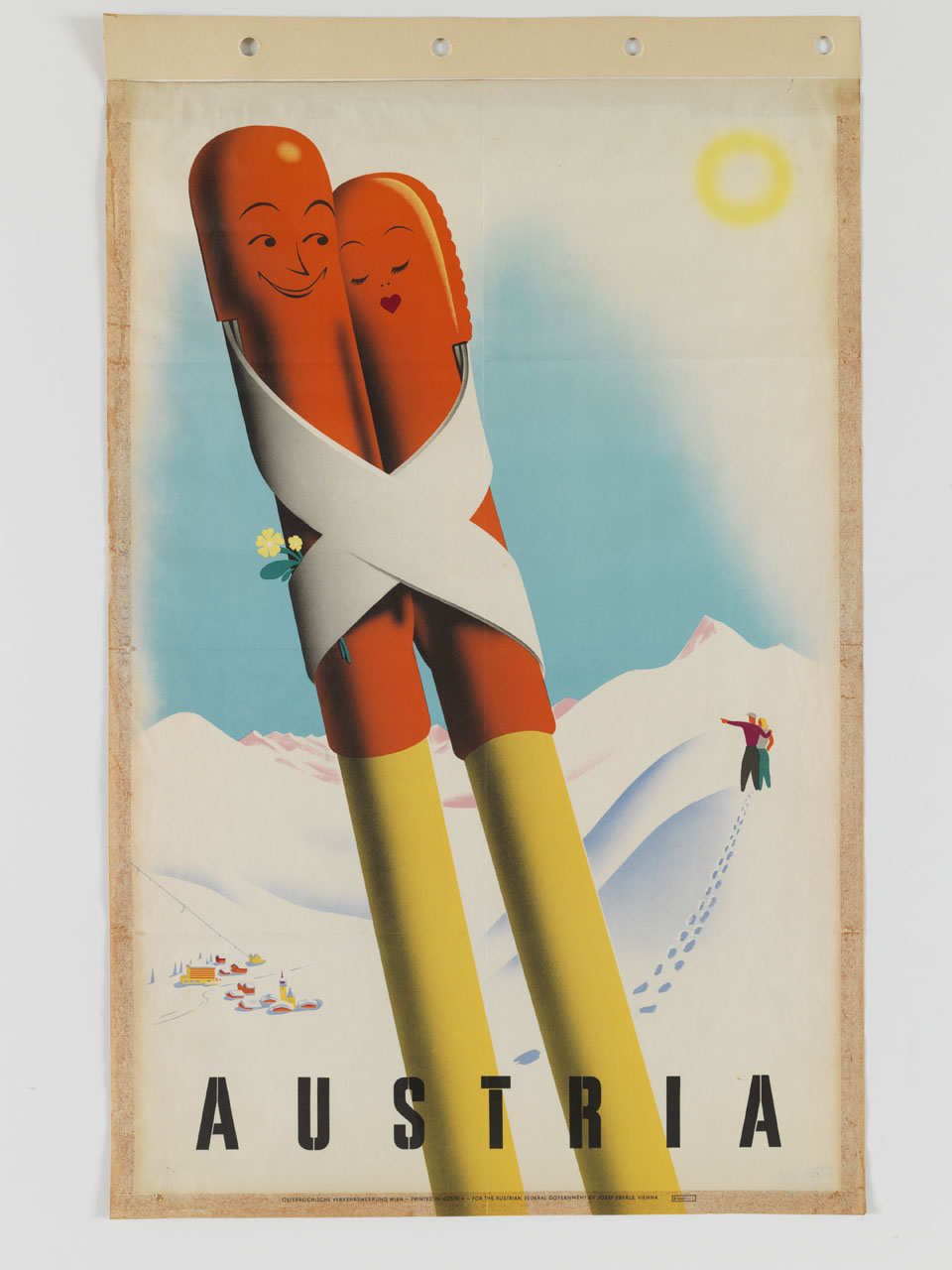 due bastoncini da sci sullo sfondo di un paesaggio alpino innevato con coppia di escursionisti (manifesto) di Hofmann Walter (sec. XX)