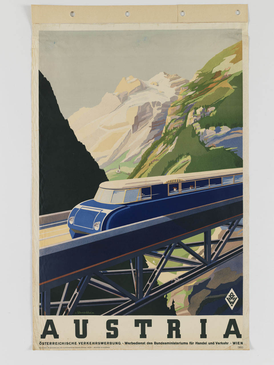 treno viaggiatori su un viadotto in montagna (manifesto) di von Wunschheim Erwin (sec. XX)