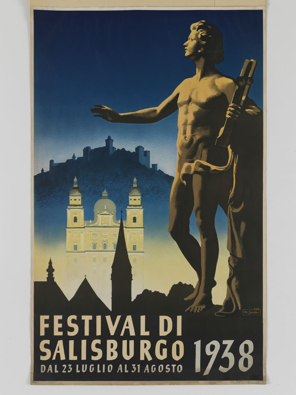 statua di Apollo con lira sullo sfondo della città di Salisburgo (manifesto) di Gerster Heinz (sec. XX)