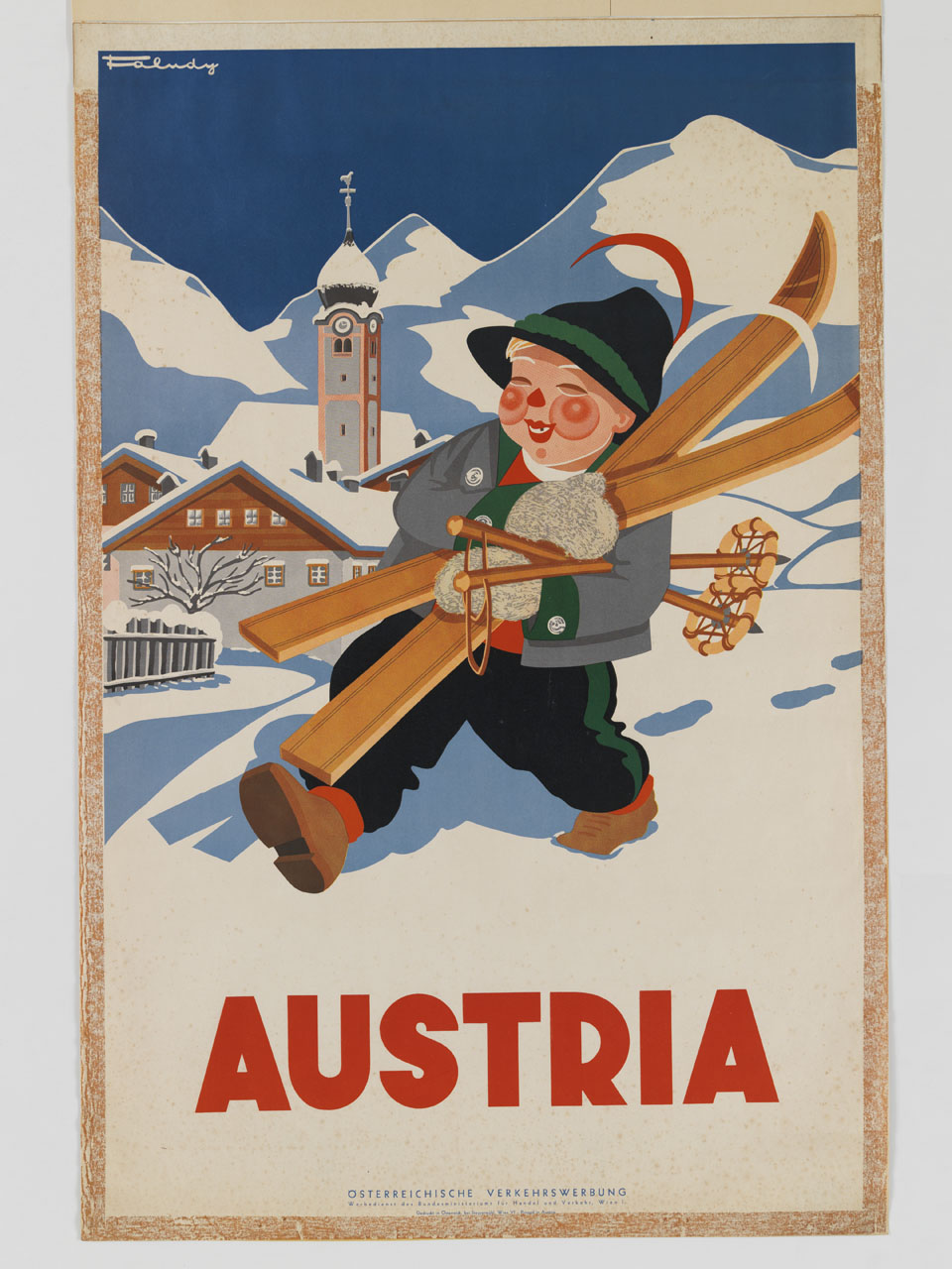 bambino cammina sulla neve con sci tra le braccia sullo sfondo di un paese alpino (manifesto) di Faludy (sec. XX)