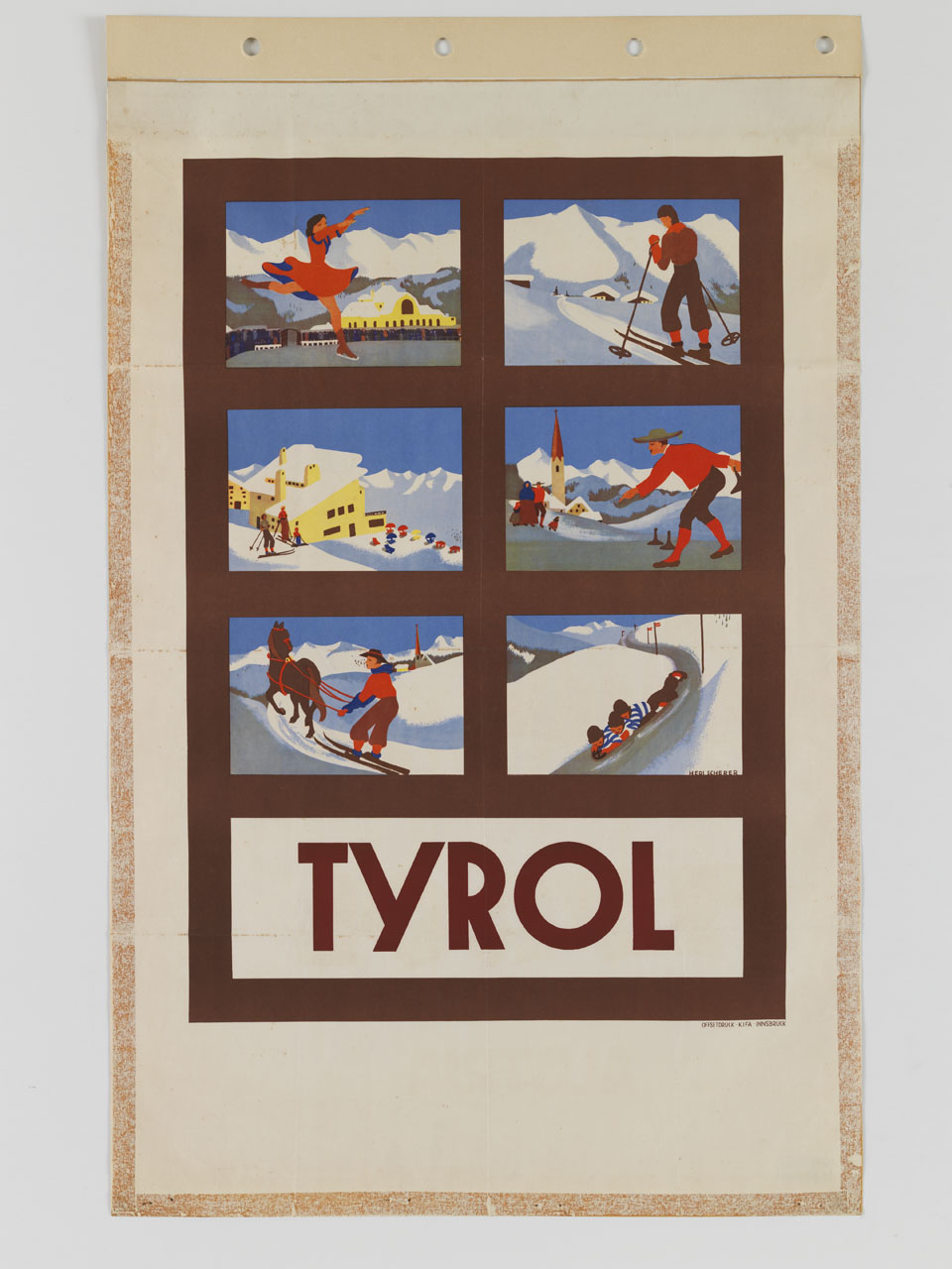 sei riquadri con scene di sport invernali praticati in paesaggi alpini (manifesto) di Scherer Hedi (sec. XX)