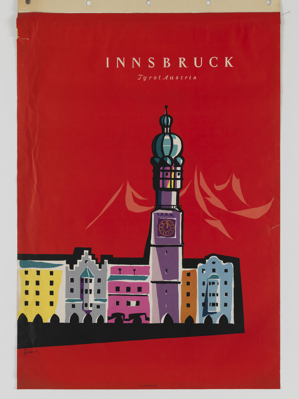 veduta di fantasia della città di Innsbruck su sfondo rosso (manifesto) di Zelger Arthur (sec. XX)