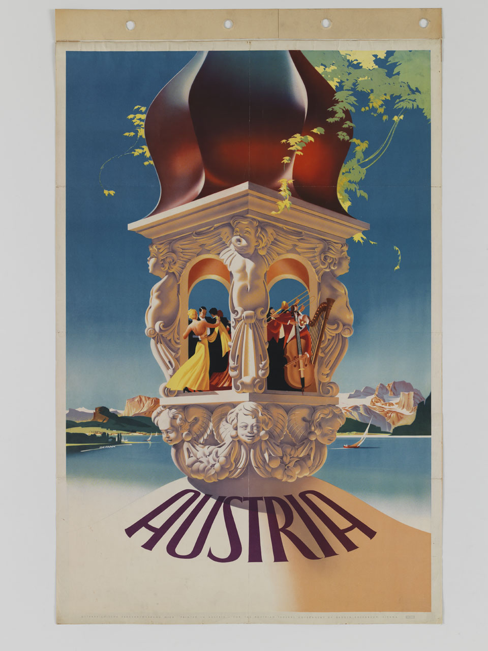 loggia di fantasia con orchestra da ballo e coppie danzanti sullo sfondo di un lago alpino (manifesto) di Berann Heinrich C (sec. XX)