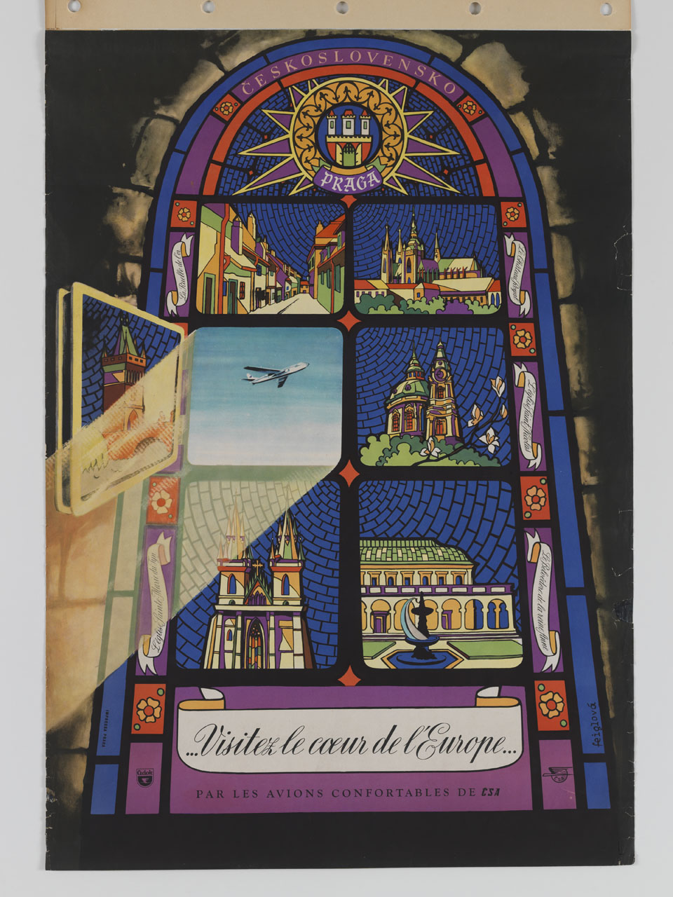 vetrata centinata raffigurante i monumenti di Praga con una lastra aperta sul cielo attraversato da un aeroplano (manifesto) di Feiglová Eva (sec. XX)