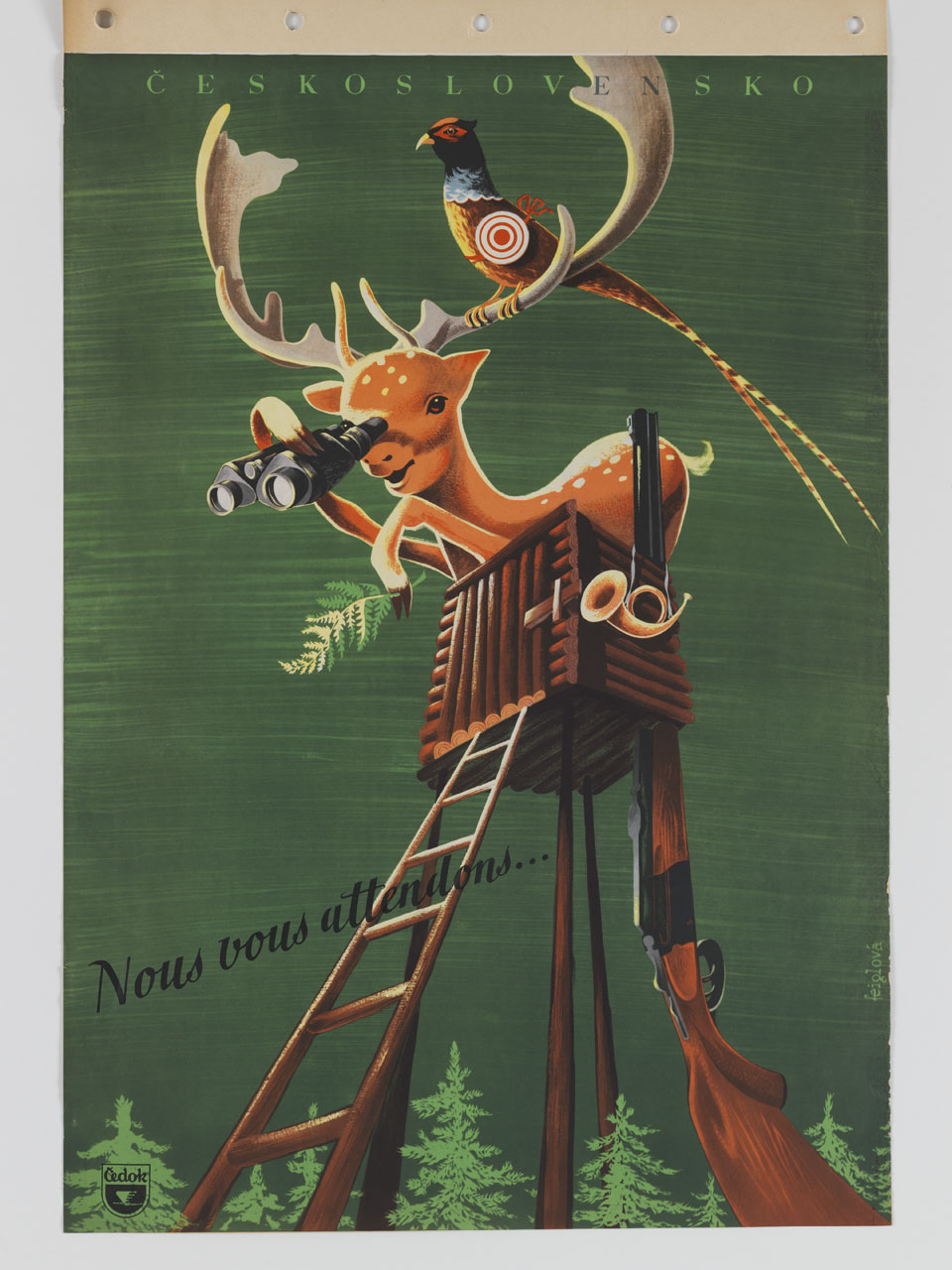 cerbiatto in cima a un’altana da caccia guarda dentro un binocolo con un fagiano munito di bersaglio appollaiato sulle sue corna da cervo (manifesto) di Feiglová Eva (sec. XX)