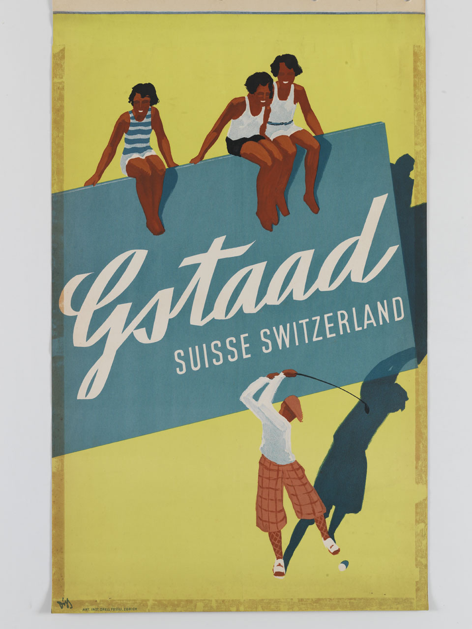 giocatore di golf sta per eseguire un colpo sotto lo sguardo di tre ragazzi (manifesto) di Diggelmann Alex Walter (metà sec. XX)