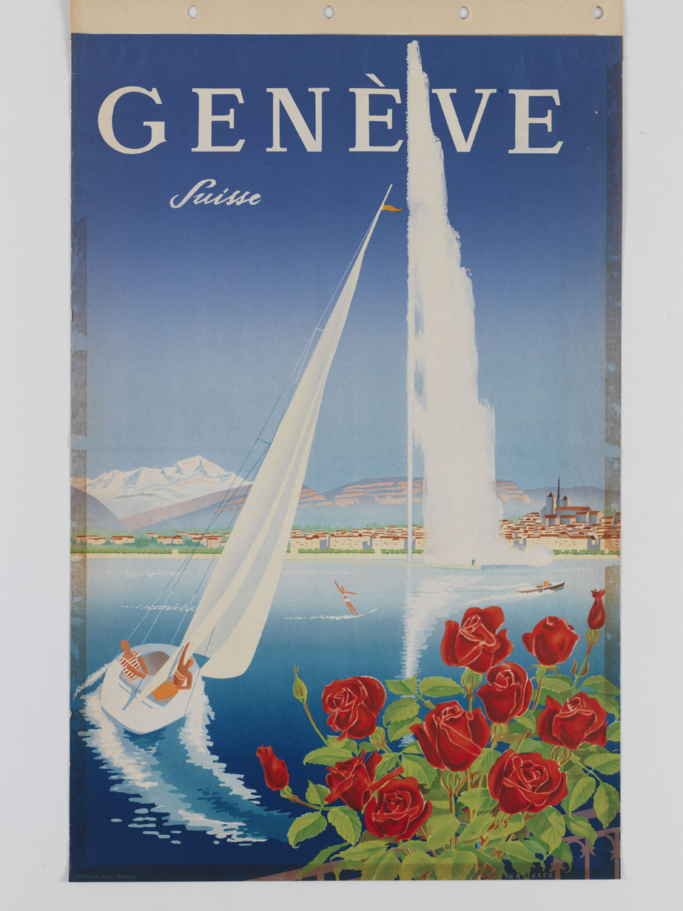 veduta del lago di Ginevra con imbarcazioni e fiori (manifesto) di Mahrer Walter (sec. XX)