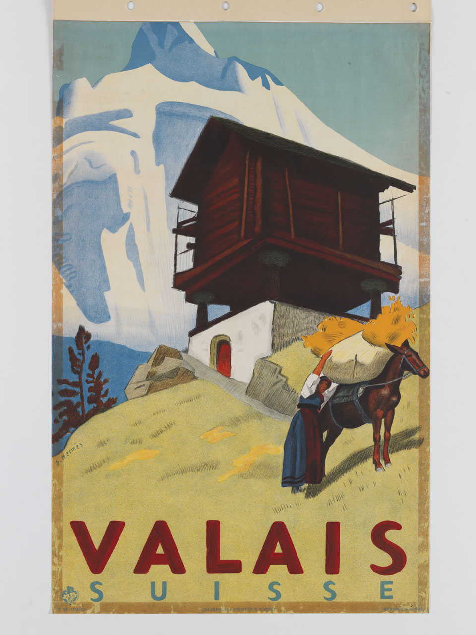 donna carica un sacco di fieno sulla groppa di un cavallo nei pressi di una baita (manifesto) di Hermes Erich (sec. XX)