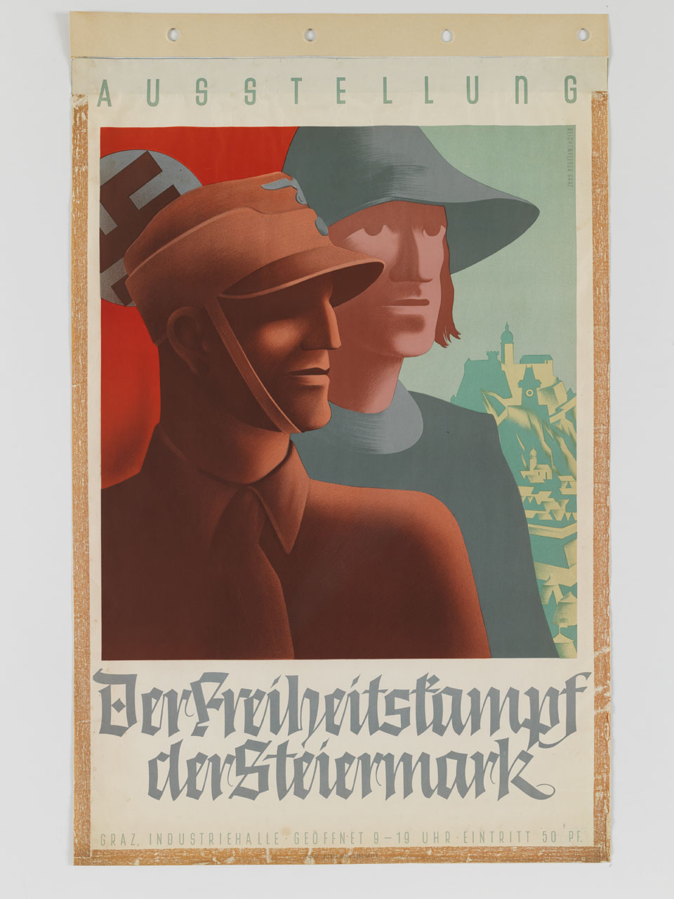 soldato e donna sullo sfondo della bandiera nazista con svastica e veduta di Graz in Austria (manifesto) di Reichenfelser Heinz (sec. XX)