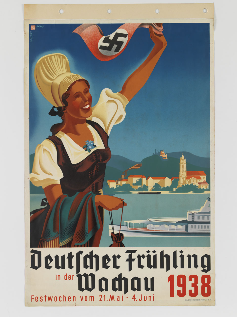 donna sorridente in costume tradizionale con bandiera tedesca nazista sullo sfondo del Danubio e della città di Dürnstein (manifesto) di Benedikt Elisabeth, Kralicek Franz (sec. XX)
