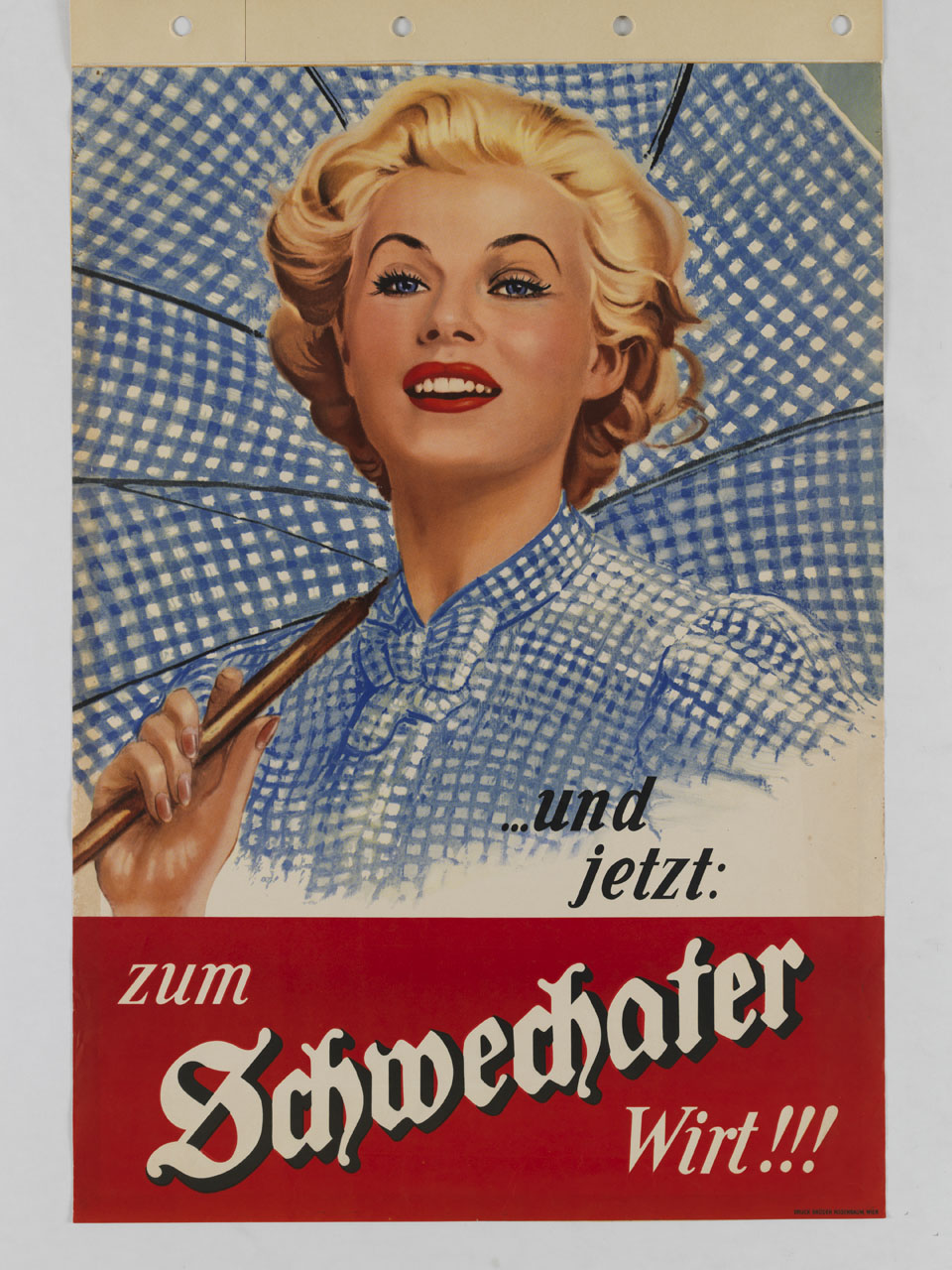 donna a mezzo busto sorridente sotto un ombrello con motivo a quadretti uguale all'abito (manifesto) - ambito austriaco (sec. XX)