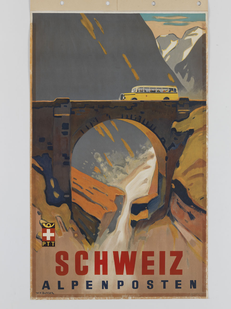 autopostale attraversa un ponte su un torrente in un paesaggio alpino (manifesto) di Burger W. F - ambito svizzero (sec. XX)