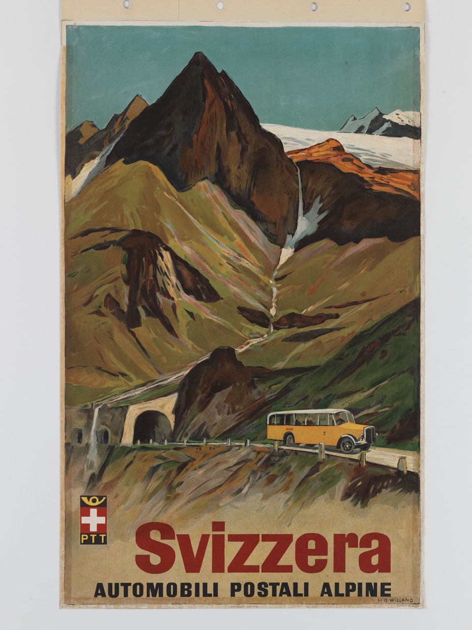 autopostale effettua il trasporto passeggeri su una strada di montagna (manifesto) di Wieland H. B - ambito svizzero (sec. XX)