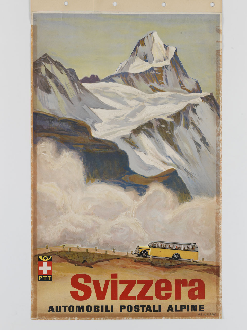 autopostale effettua il trasporto passeggeri su una strada di montagna (manifesto) di Wieland H. B - ambito svizzero (sec. XX)