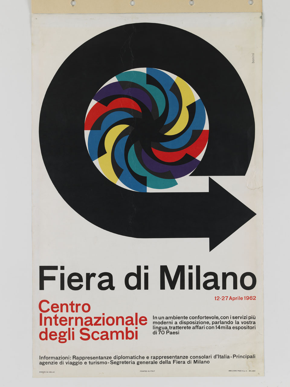 freccia nera circolare racchiude una girandola colorata (manifesto) di Bonini Ezio (sec. XX)