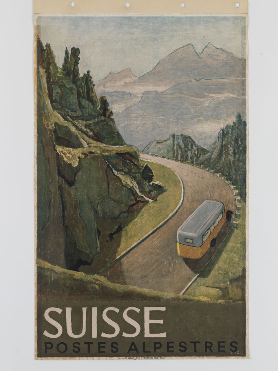 autopostale percorre una strada di montagna (manifesto) di Surbek - ambito svizzero (sec. XX)