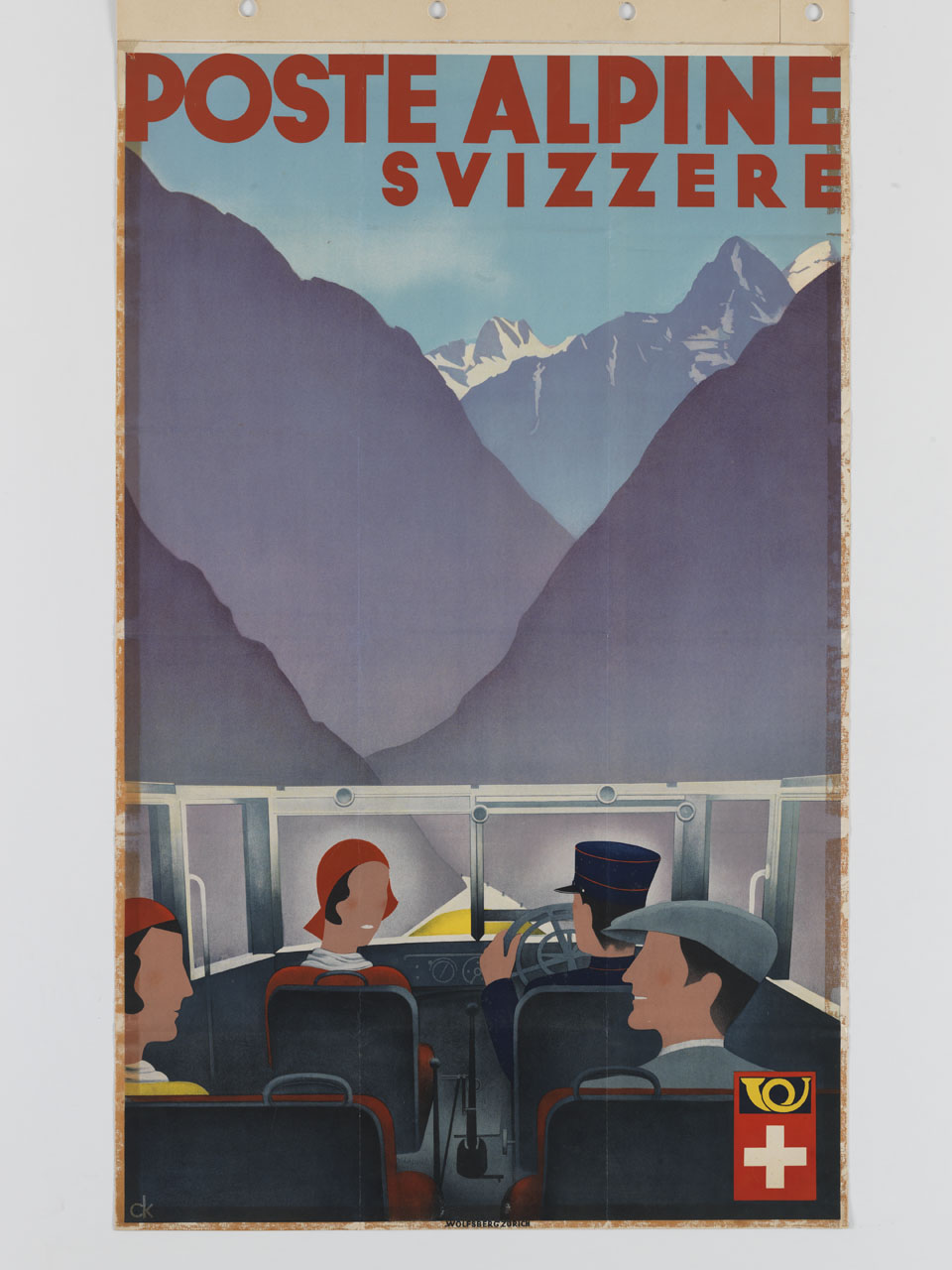 autopostale scoperta effettua il servizio passeggeri lungo una strada di montagna (manifesto) - ambito svizzero (sec. XX)
