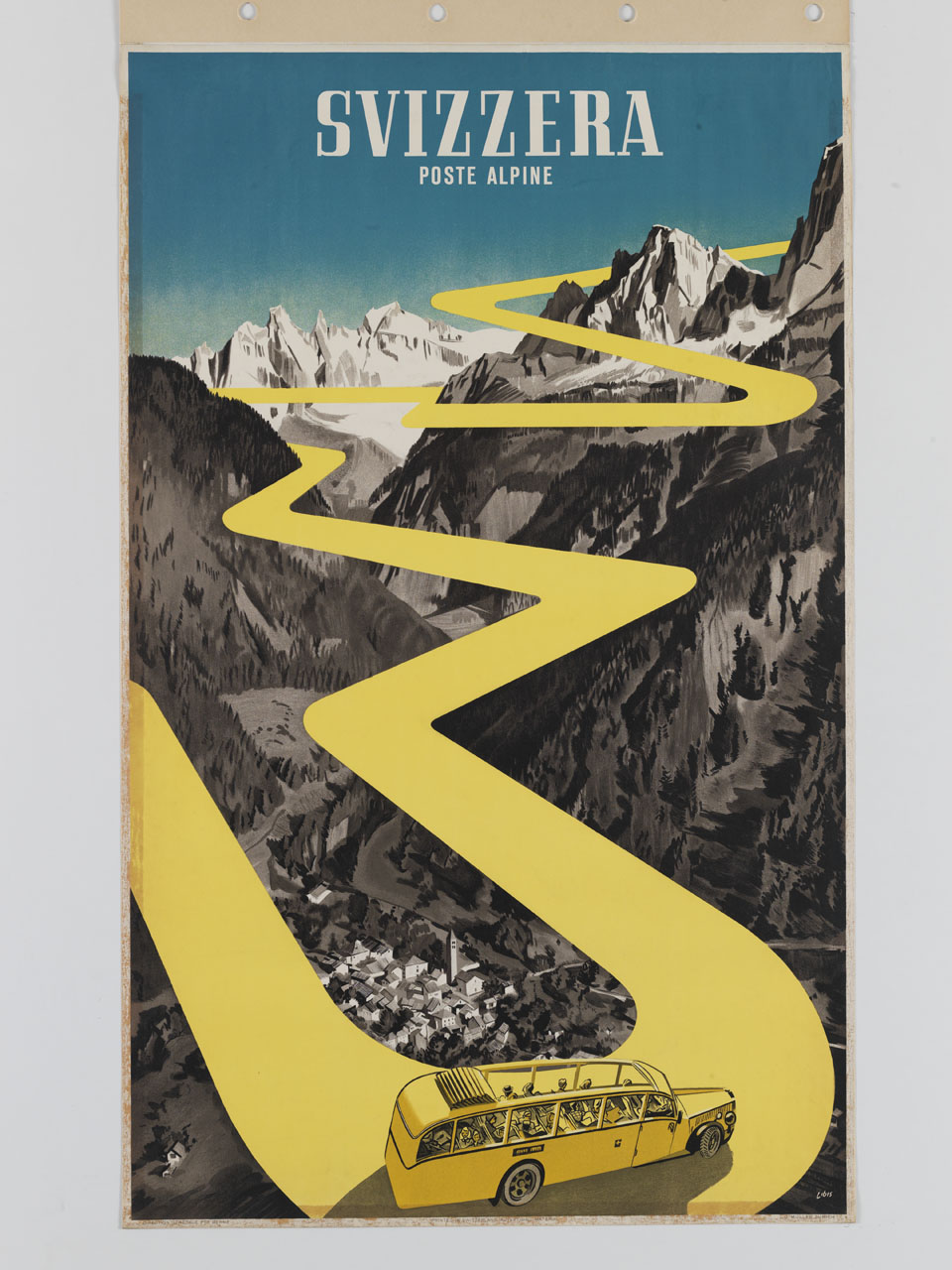 autopostale effettua il trasporto passeggeri su una strada di montagna tracciata come un lungo nastro giallo (manifesto) di Wieland H. B - ambito svizzero (sec. XX)