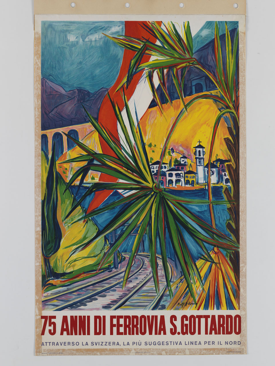 veduta di montagna con i binari di una strada ferrata un alto viadotto e un paese affacciato su un lago (manifesto) di Dürig Rolf - ambito svizzero (sec. XX)