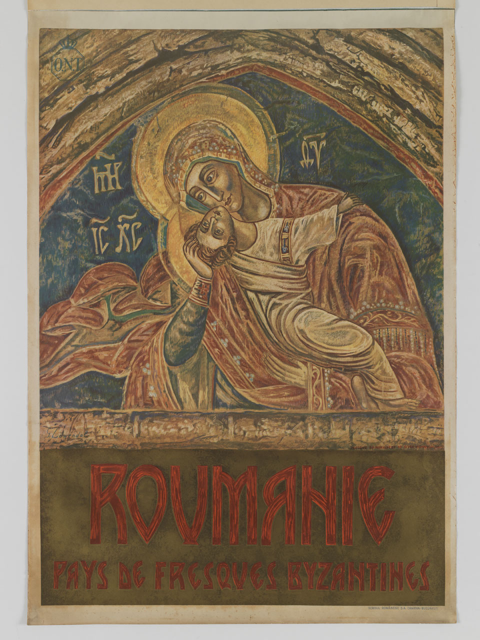 affresco con Madonna con il Bambino nel monastero di Voronet in Romania (manifesto) di Lowendal George (sec. XX)