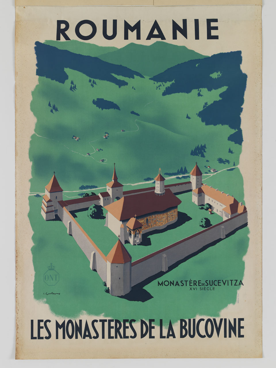 veduta del monastero di Sucevita in Romania (manifesto) di Gesticone Ion F (sec. XX)