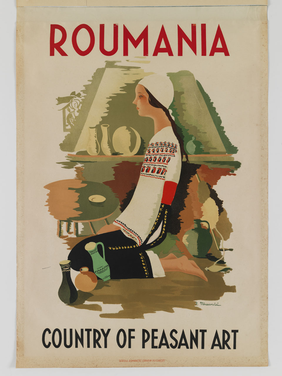 donna in costume tradizionale inginocchiata in un interno con oggetti in terracotta e fuso (manifesto) di Miracovici Paul (sec. XX)