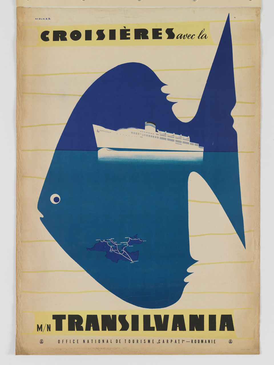 sagoma di pesce con la nave da crociera Transilvania e mappa con rotte marittime (manifesto) di Molnar Iosif (sec. XX)