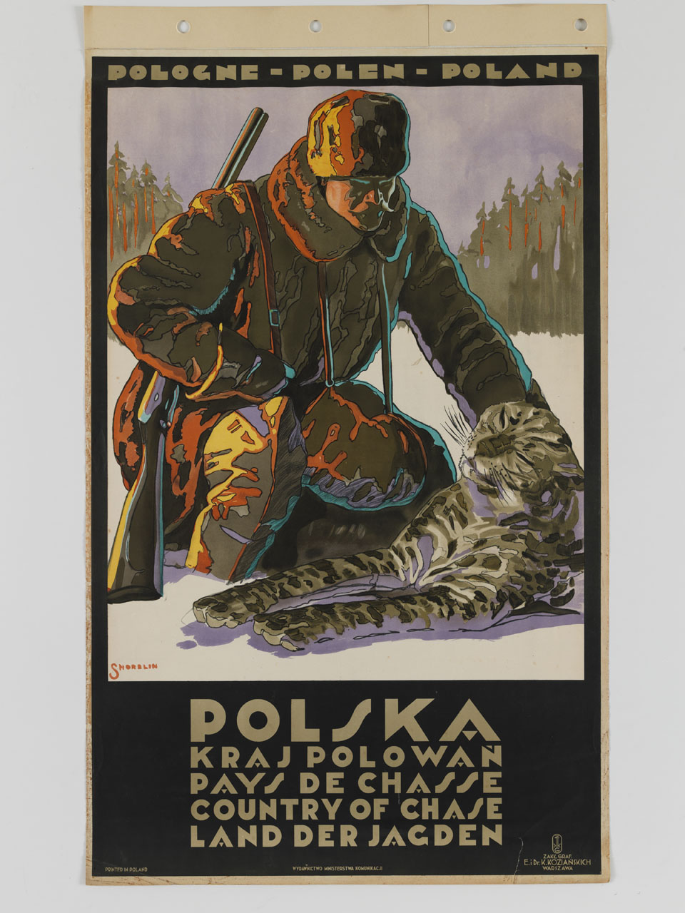 cacciatore solleva la testa a una lince uccisa in una radura innevata (manifesto) di Norblin Stefan (sec. XX)