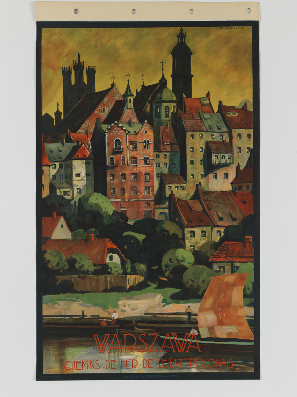 veduta di Varsavia con barche sul fiume Vistola (manifesto) di Norblin Stefan (sec. XX)