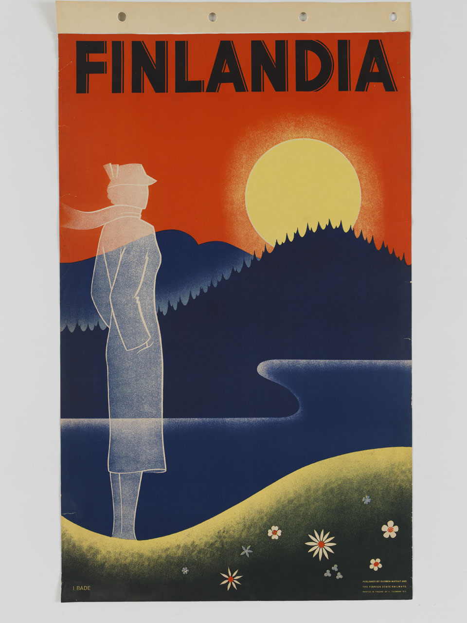 silhouette di donna sullo sfondo di un paesaggio collinare con lago e sole all'orizzonte (manifesto) di Hagström Bade Ingrid (sec. XX)