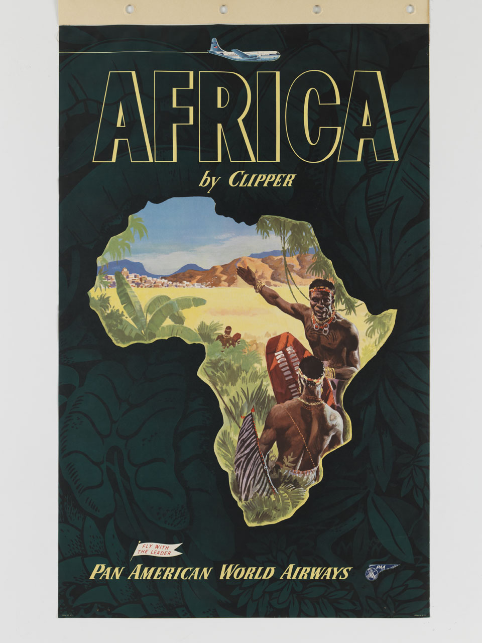 aeroplano e carta geografica dell'Africa con indigeni in una foresta e una città nello sfondo (manifesto) - ambito America settentrionale (sec. XX)