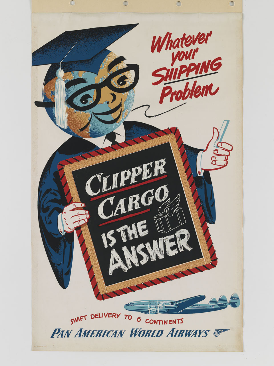 docente in abbigliamento accademico illustra la soluzione di un problema sulla lavagna una lavagna (manifesto) - ambito America settentrionale (sec. XX)