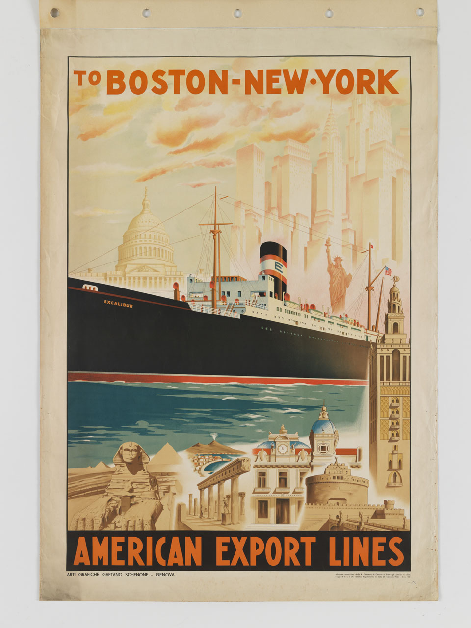 nave cargo Excalibur sullo sfondo di vedute di città di fantasia (manifesto) - ambito italiano (sec. XX)