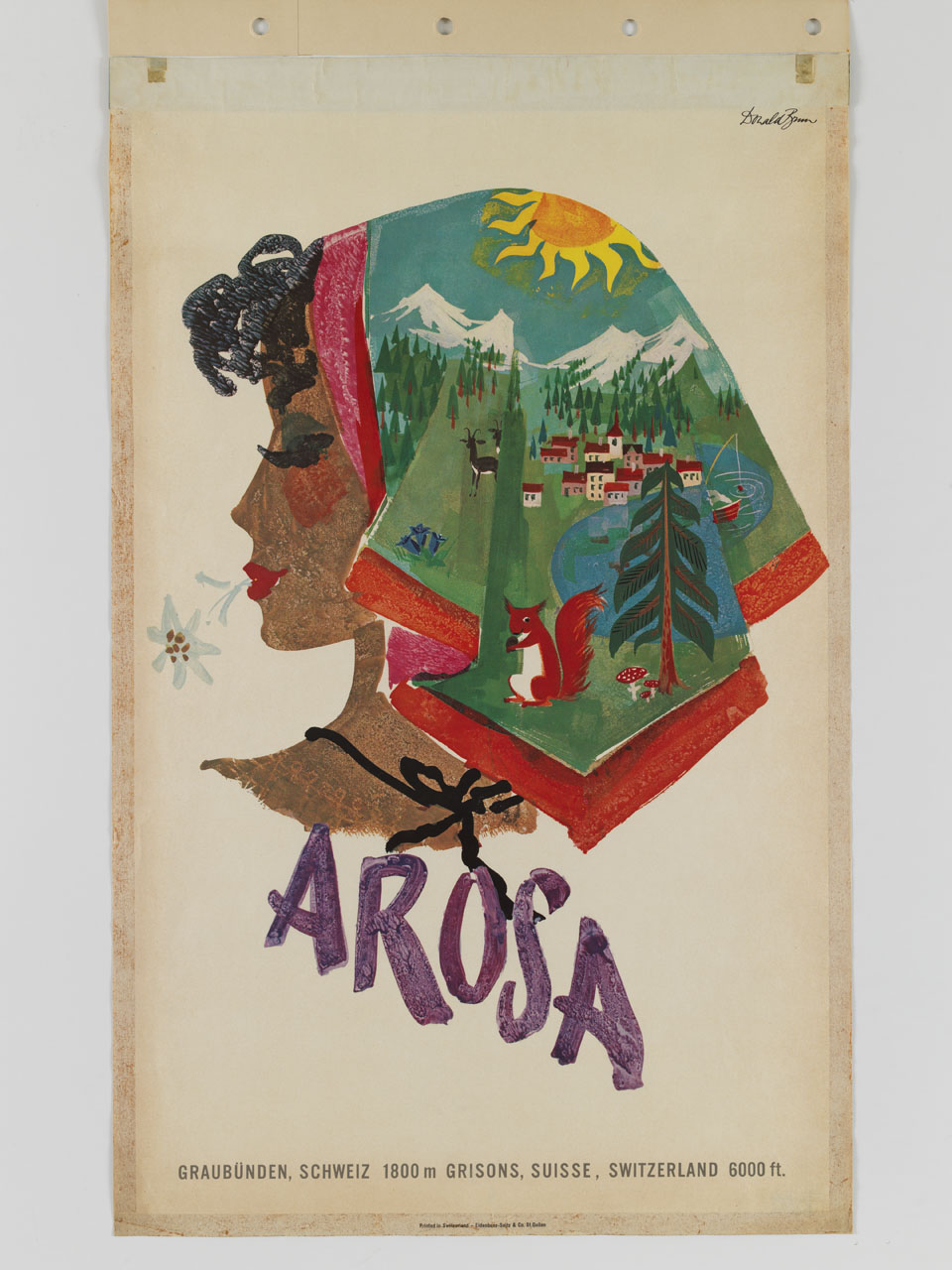 donna a mezzo busto con stella alpina in bocca e foulard in testa figurato con paesaggio alpino (manifesto) di Brun Donald (sec. XX)