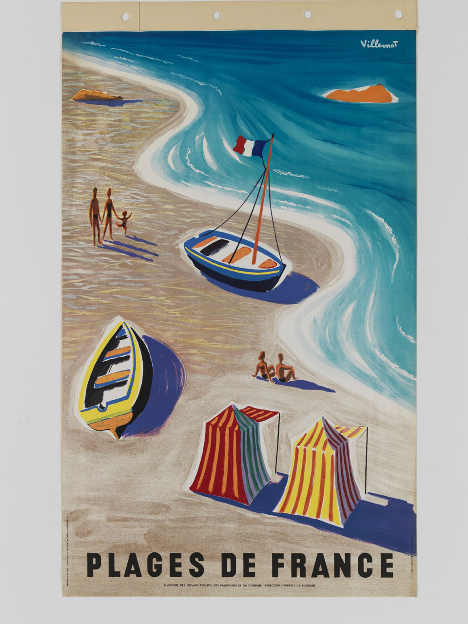 spiaggia con barche, tende e bagnanti (manifesto) di Villemot Bernard (metà sec. XX)