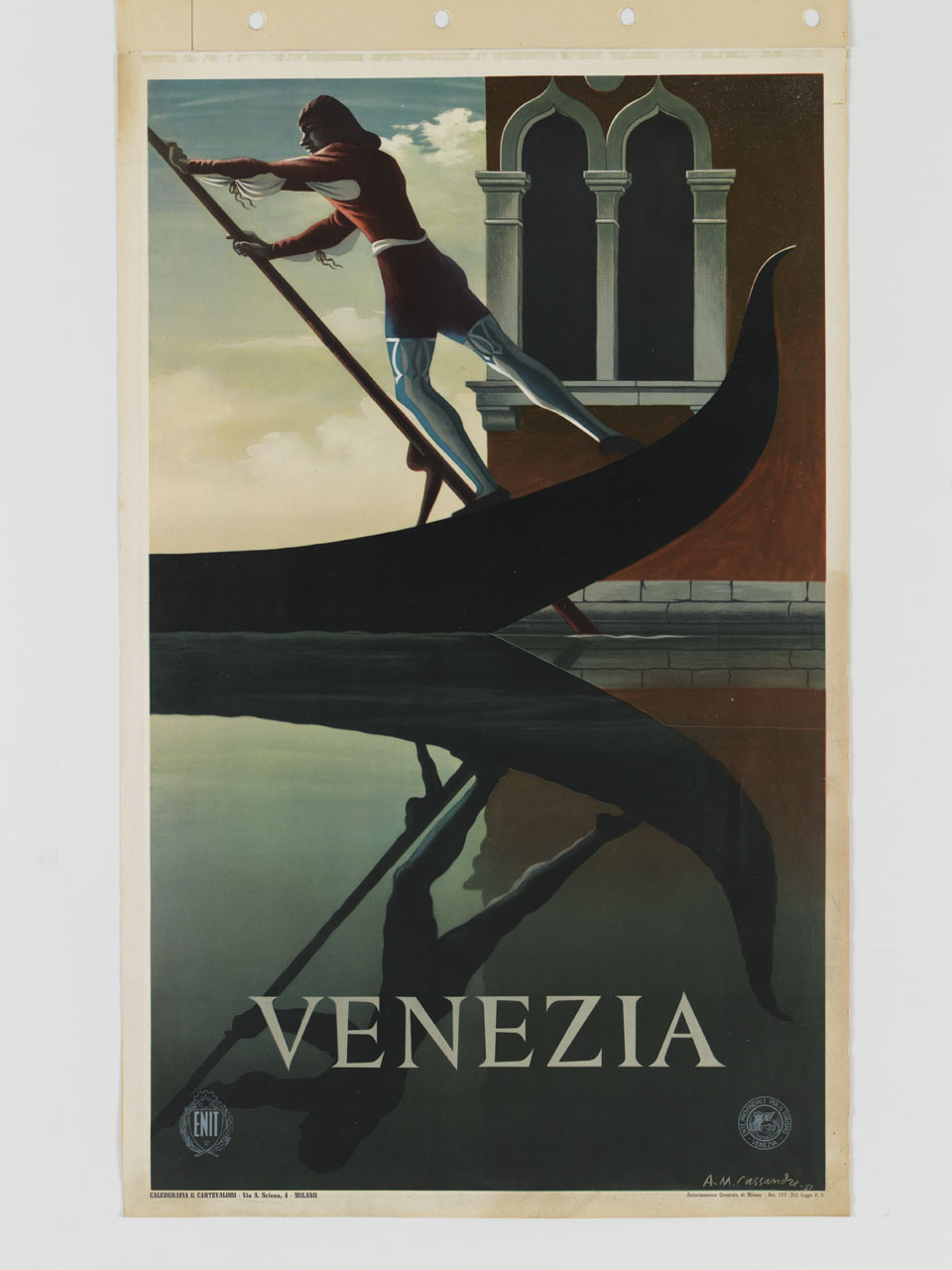 gondoliere voga specchiandosi sull'acqua del canale sullo sfondo di un palazzo veneziano (manifesto) di Mouron Adolphe detto Cassandre (sec. XX)