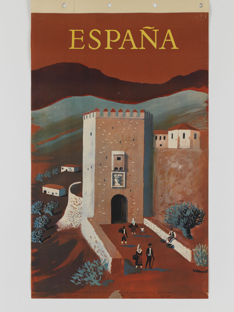 veduta stilizzata su villaggio spagnolo con torre e viandanti (manifesto) di Villemot Bernard (metà sec. XX)
